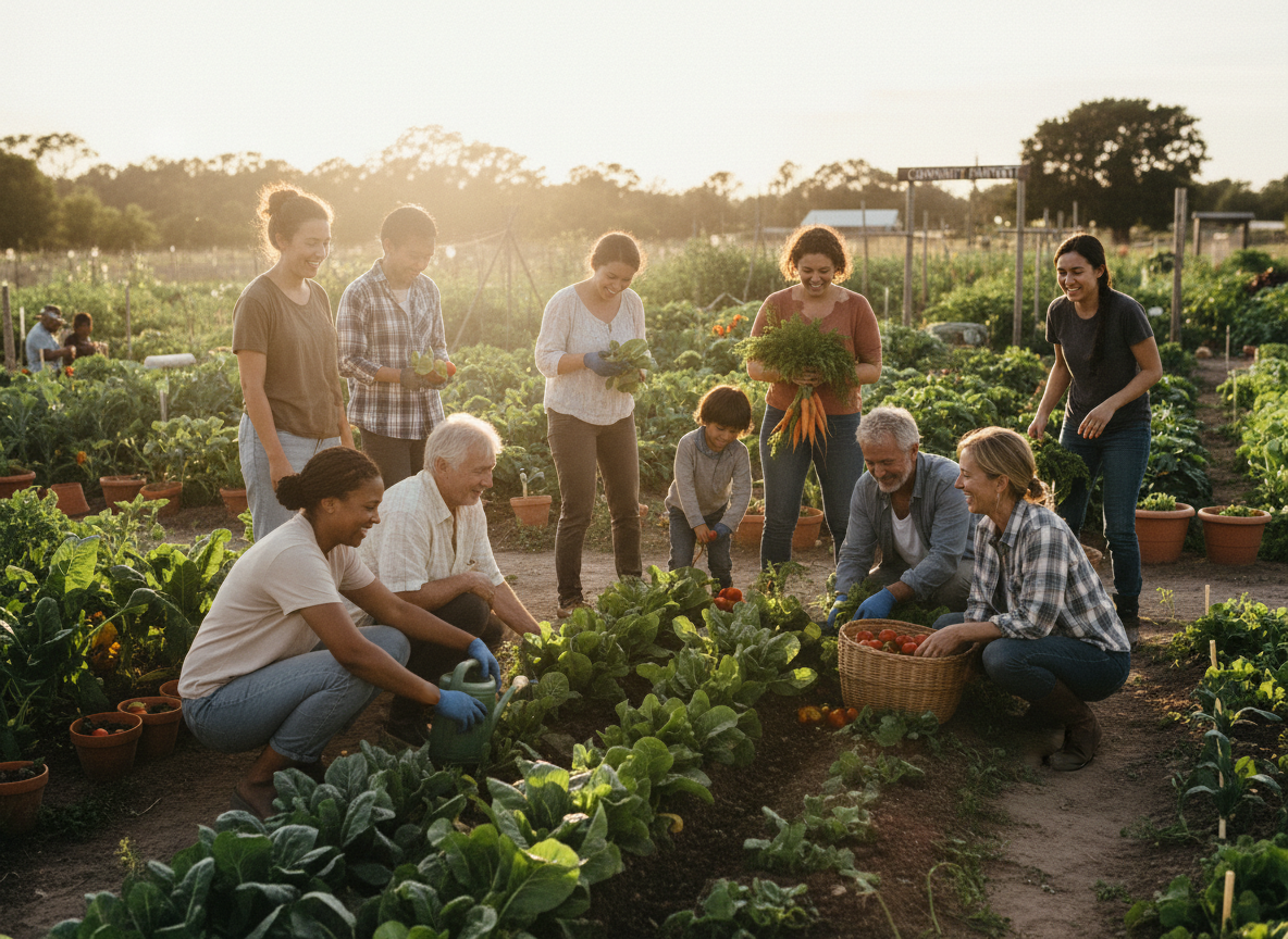 A warm, hopeful photograph of a diverse rural community working together in a sunlit organic vegetable garden at golden hour.