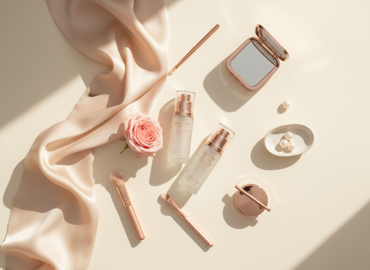 Cosméticos elegantes sobre fondo crema con acentos oro rosa